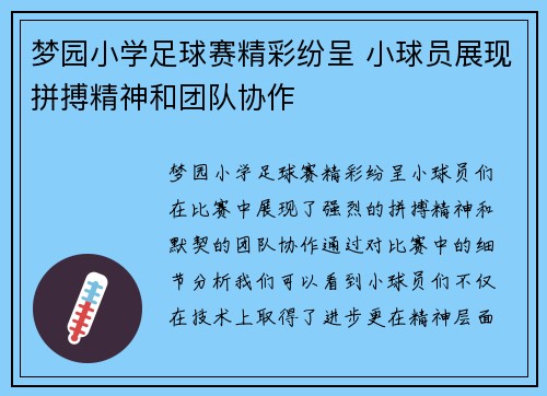 梦园小学足球赛精彩纷呈 小球员展现拼搏精神和团队协作