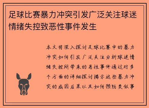 足球比赛暴力冲突引发广泛关注球迷情绪失控致恶性事件发生