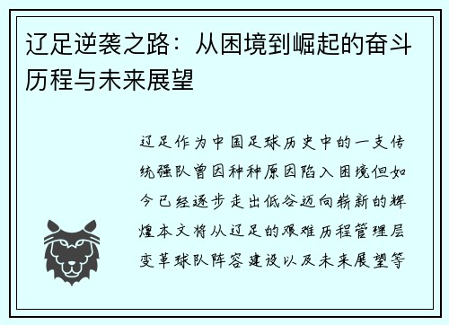 辽足逆袭之路：从困境到崛起的奋斗历程与未来展望