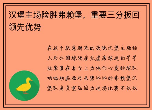 汉堡主场险胜弗赖堡，重要三分扳回领先优势