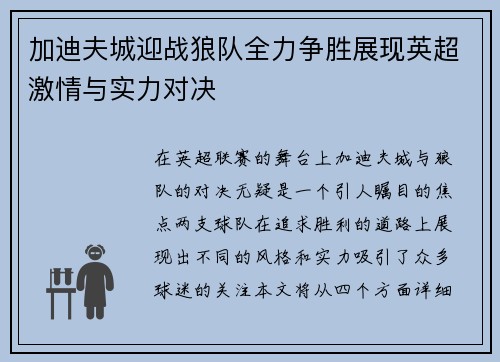 加迪夫城迎战狼队全力争胜展现英超激情与实力对决