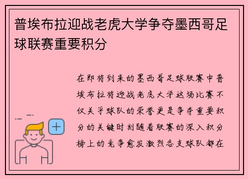 普埃布拉迎战老虎大学争夺墨西哥足球联赛重要积分