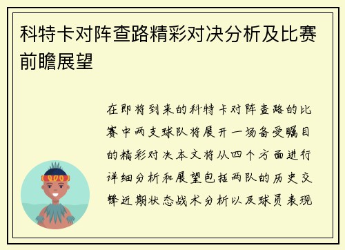 科特卡对阵查路精彩对决分析及比赛前瞻展望