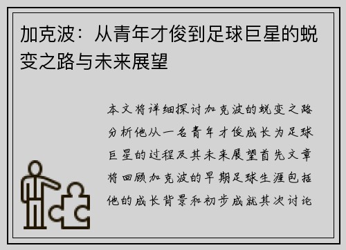 加克波：从青年才俊到足球巨星的蜕变之路与未来展望