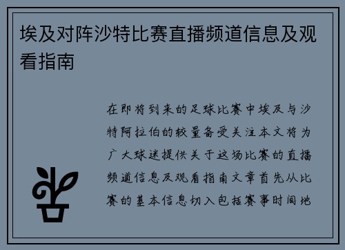 埃及对阵沙特比赛直播频道信息及观看指南