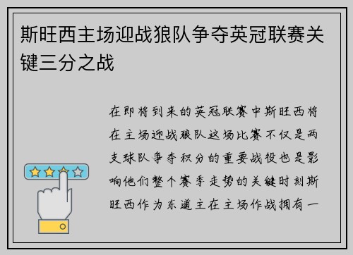 斯旺西主场迎战狼队争夺英冠联赛关键三分之战