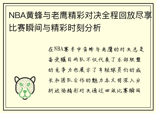 NBA黄蜂与老鹰精彩对决全程回放尽享比赛瞬间与精彩时刻分析
