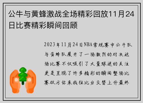 公牛与黄蜂激战全场精彩回放11月24日比赛精彩瞬间回顾