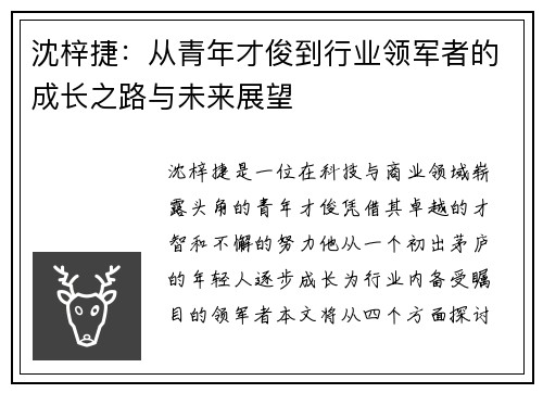 沈梓捷：从青年才俊到行业领军者的成长之路与未来展望