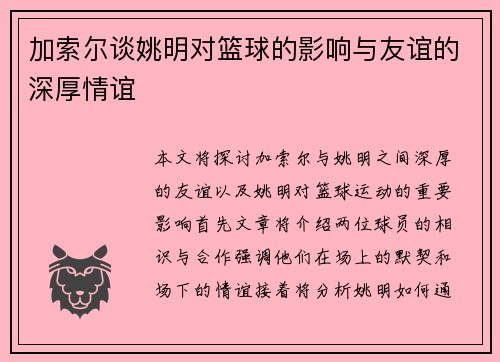 加索尔谈姚明对篮球的影响与友谊的深厚情谊