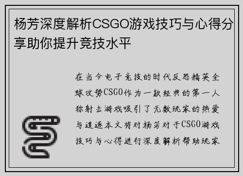 杨芳深度解析CSGO游戏技巧与心得分享助你提升竞技水平