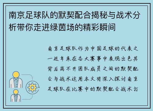 南京足球队的默契配合揭秘与战术分析带你走进绿茵场的精彩瞬间